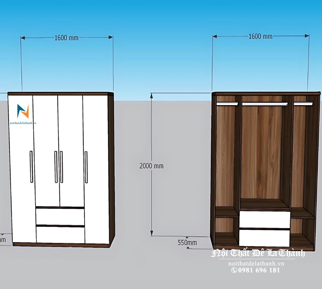 Bàn thiết kế chiếc tủ gỗ mdf giá rẻ, màu 6089, cánh màu trắng, có 3 buồng, 2 cánh dài, 2 cánh cộc, 2 ngăn kéo
