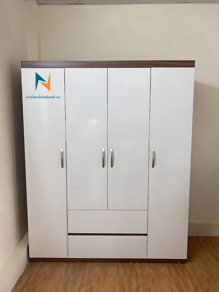 Ảnh chiếc tủ gỗ công nghiệp hiện đại 1m6x2m, gồm 2 cánh dài, 2 cánh cộc, 3 buồng, 2 ngăn kéo