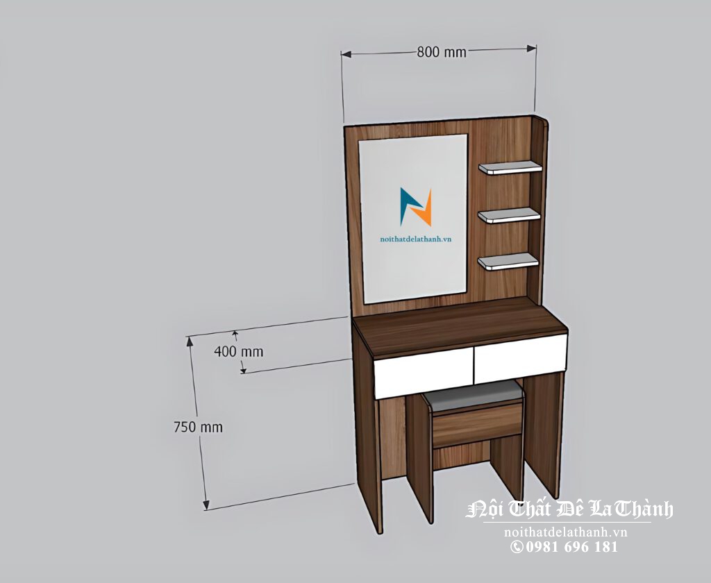 Bản thiết kế bàn phấn 80cm, màu óc chó 6089, 2 ngăn kéo màu trắng