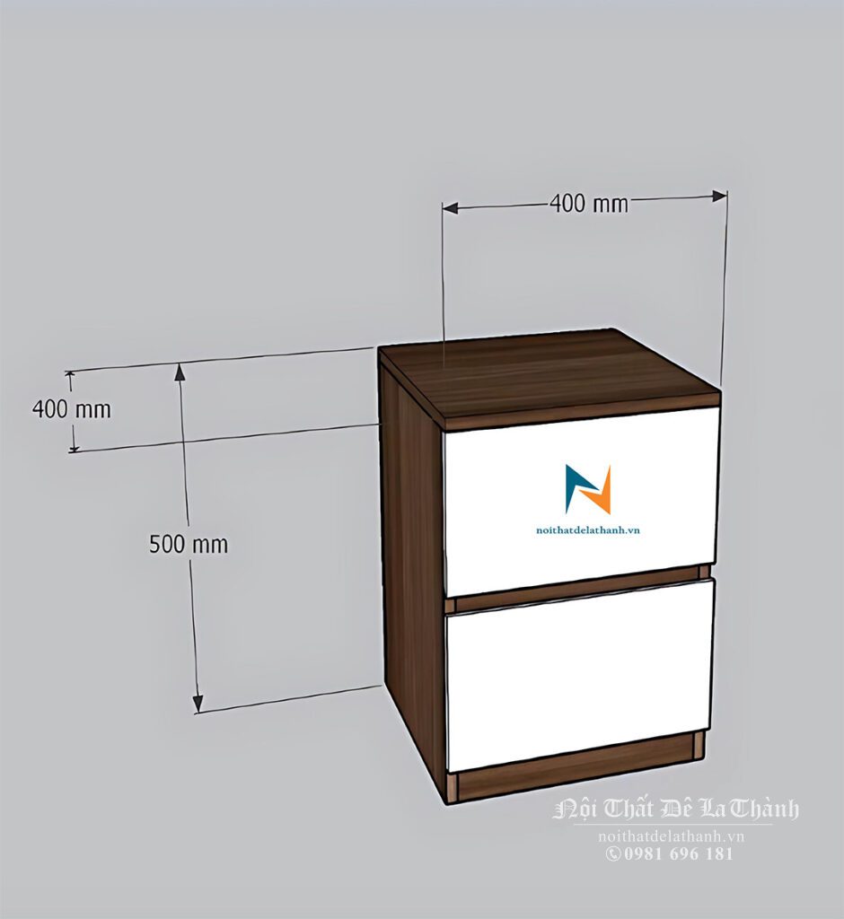 Thiết kế tủ đầu giường 40cm, màu óc chó 6089, mặt 2 ngăn kéo màu trắng