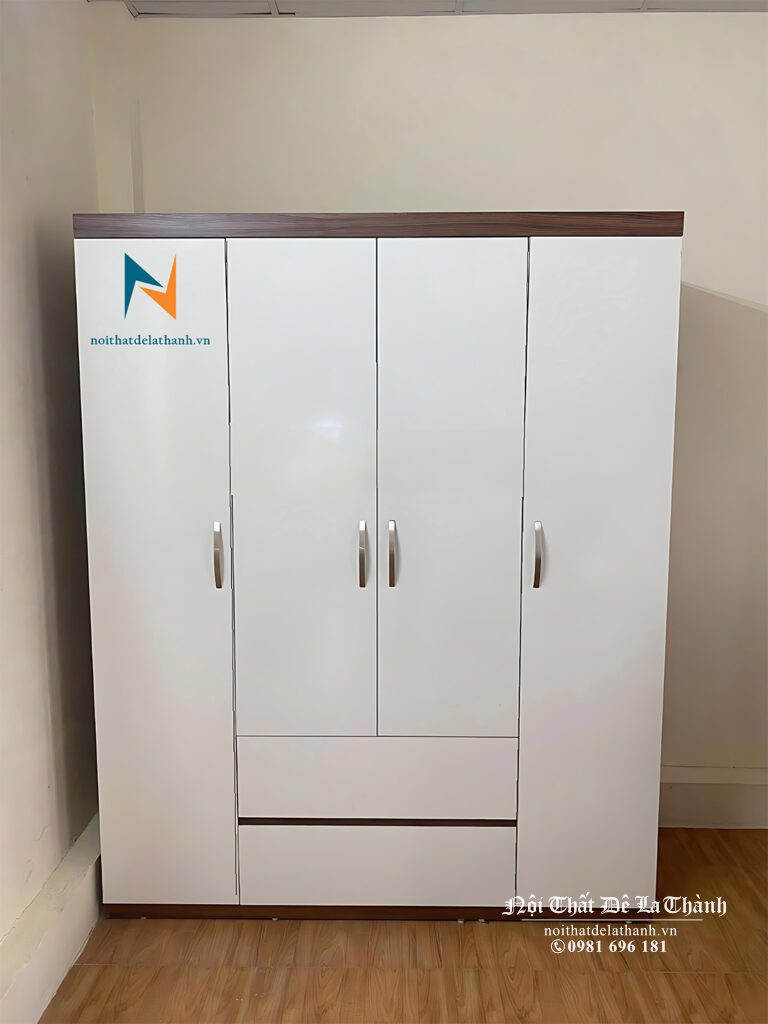 Ảnh chiếc tủ gỗ công nghiệp hiện đại 1m6x2m, gồm 2 cánh dài, 2 cánh cộc, 3 buồng, 2 ngăn kéo