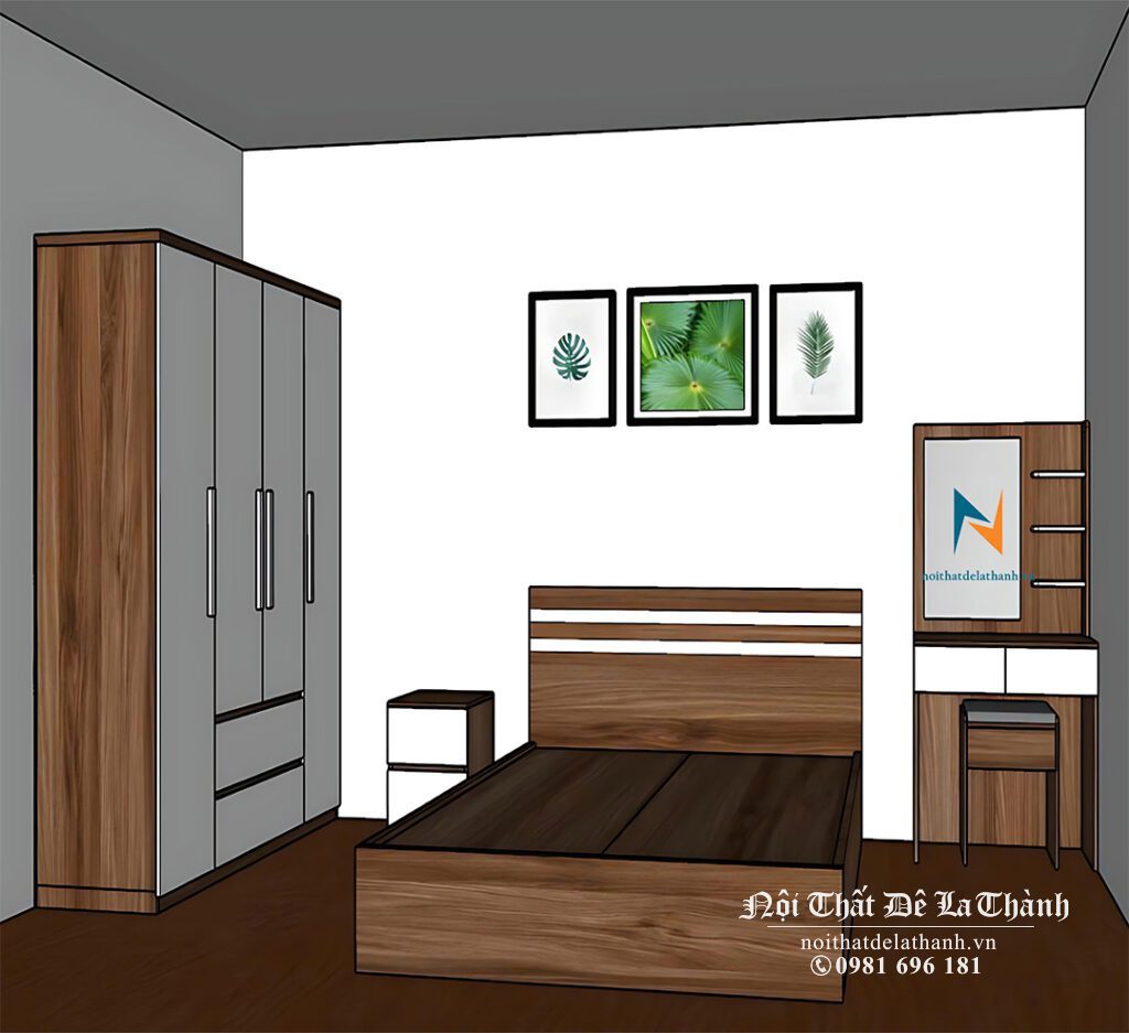Bộ Giường Tủ Gỗ Công Nghiệp Giá Rẻ, phong cách hiện đại, màu 6089, cánh màu trắng, gồm táp đầu giường 40cm, bàn trang điểm 80cm, giường 1m6x2m, tủ áo 1m6x2m
