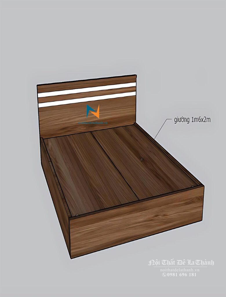 Thiết kế giường 1m6x2m màu óc chó 6089, đầu giường có 2 kẻ trắng