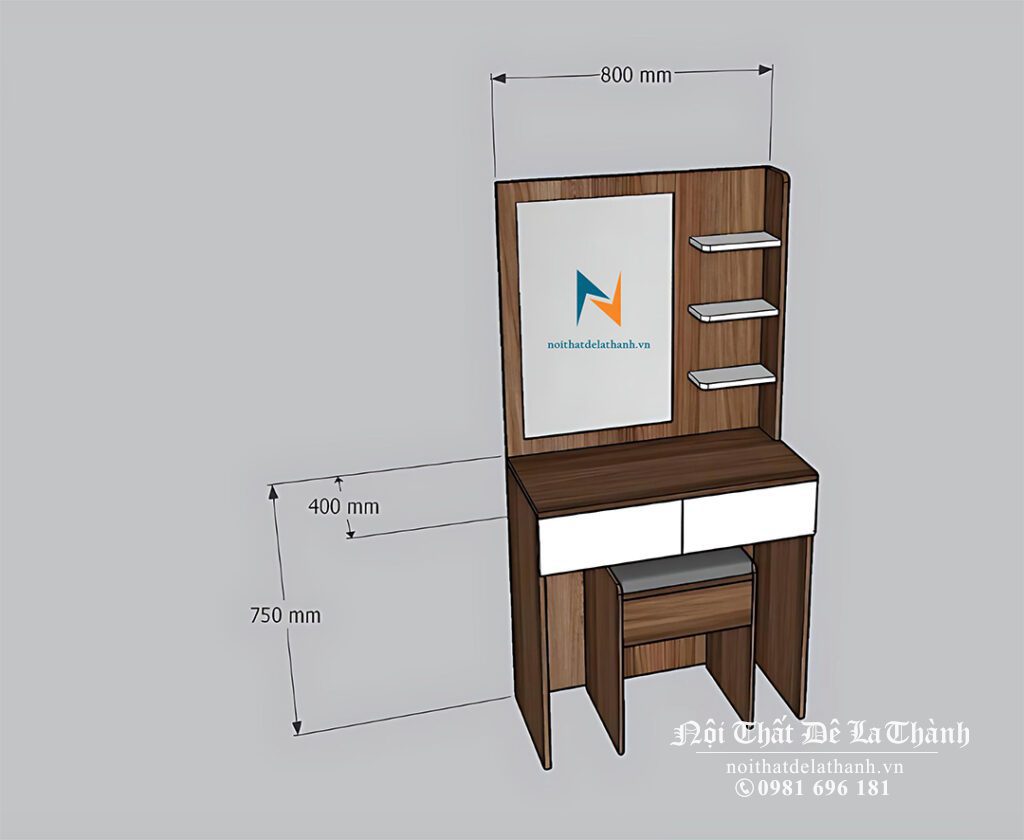 Bản thiết kế bàn phấn 80cm, màu óc chó 6089, 2 ngăn kéo màu trắng