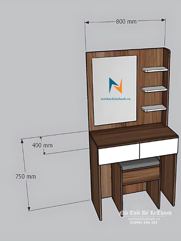 Bản thiết kế bàn phấn 80cm, màu óc chó 6089, 2 ngăn kéo màu trắng