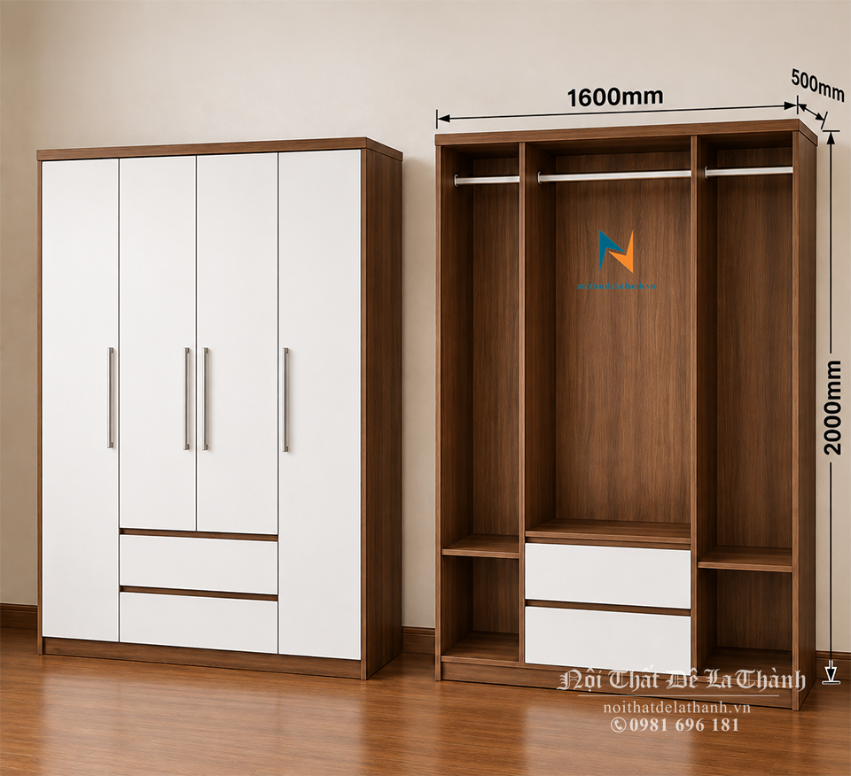 Bàn thiết kế chiếc tủ gỗ mdf giá rẻ, màu 6089, cánh màu trắng, có 3 buồng, 2 cánh dài, 2 cánh cộc, 2 ngăn kéo