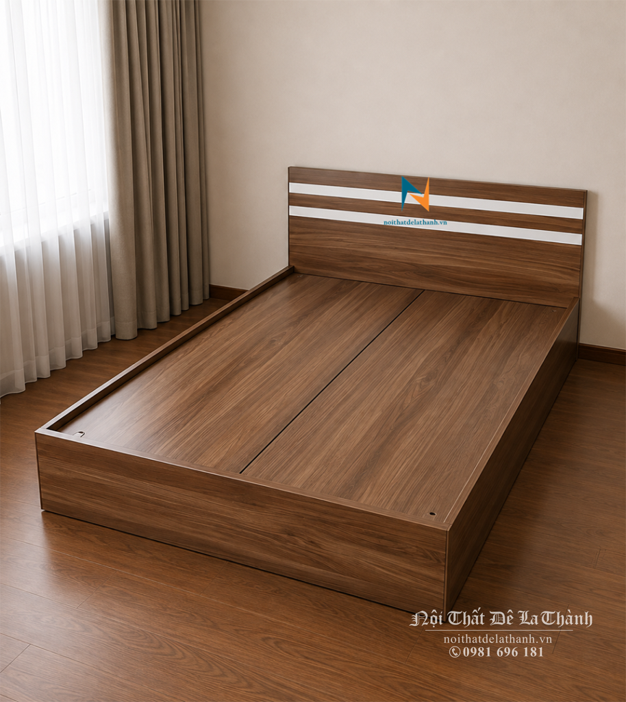 Ảnh chiếc giường gỗ công nghiệp giá rẻ 1m6x2m, màu óc chó 6089, đầu có 2 kẻ trắng