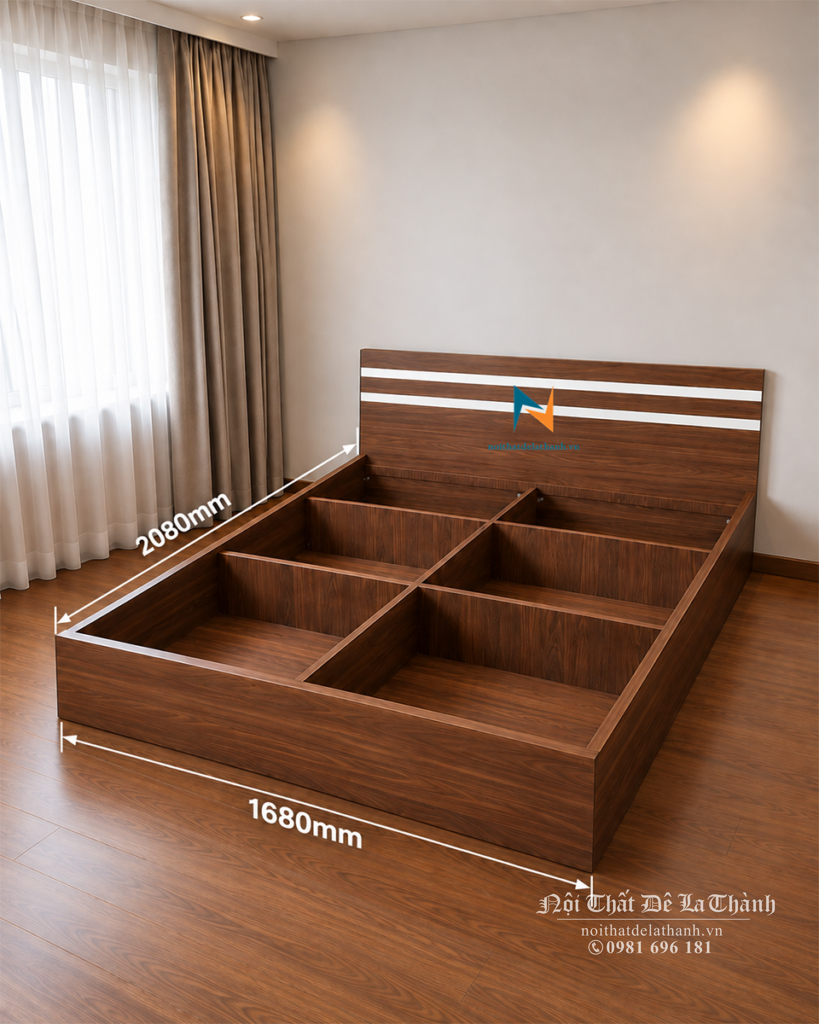 Thiết kế giường 1m6x2m màu óc chó 6089, đầu giường có 2 kẻ trắng