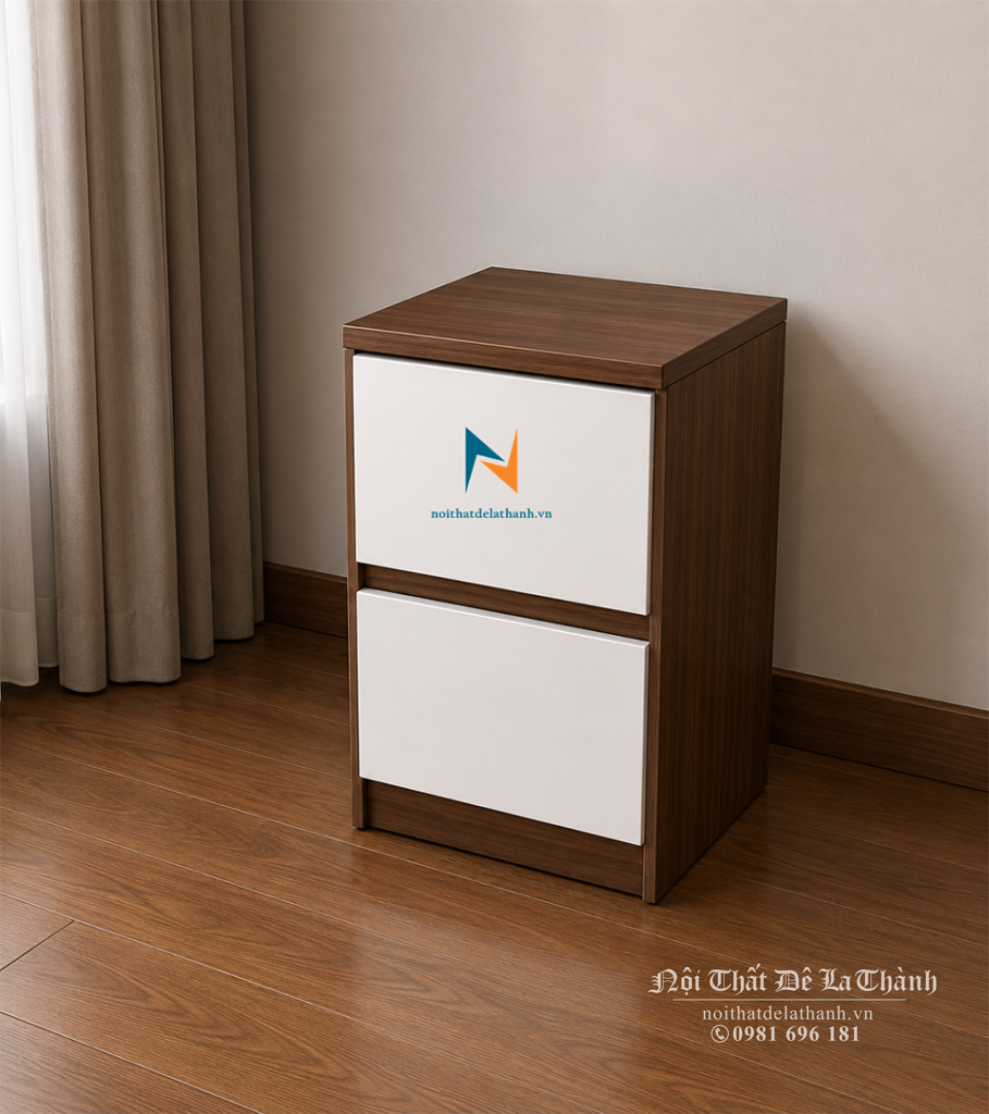Thiết kế tủ đầu giường 40cm, màu óc chó 6089, mặt 2 ngăn kéo màu trắng