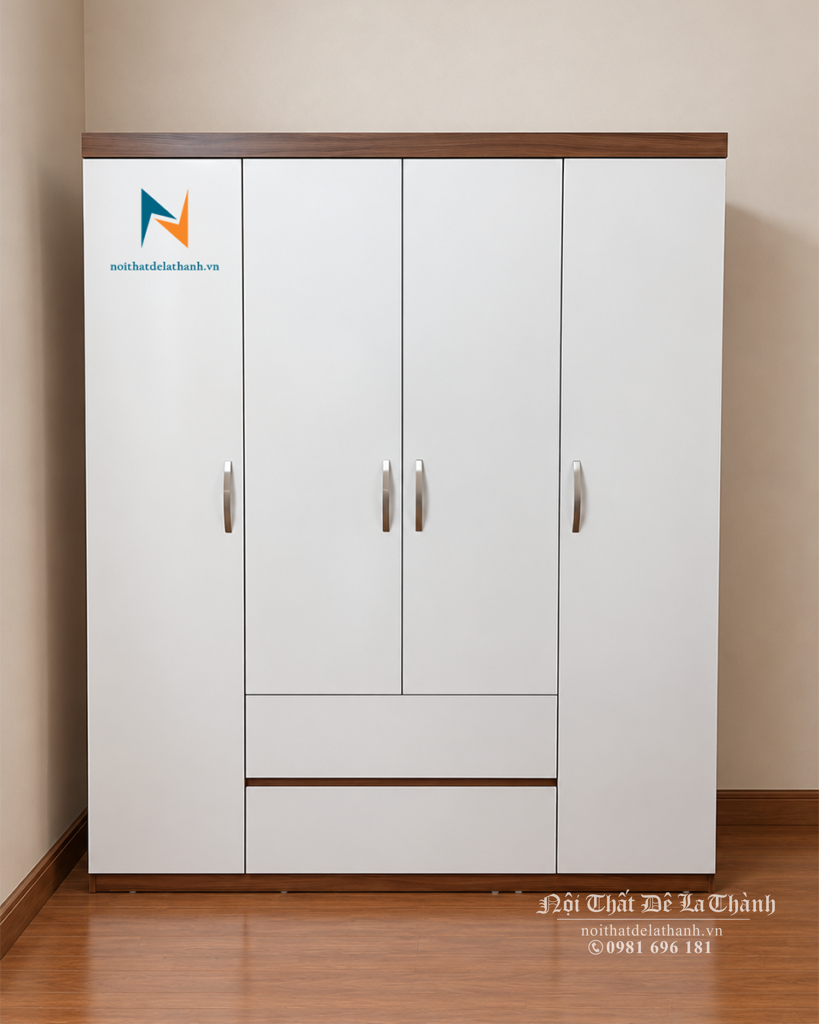 Ảnh chiếc tủ gỗ công nghiệp hiện đại 1m6x2m, gồm 2 cánh dài, 2 cánh cộc, 3 buồng, 2 ngăn kéo