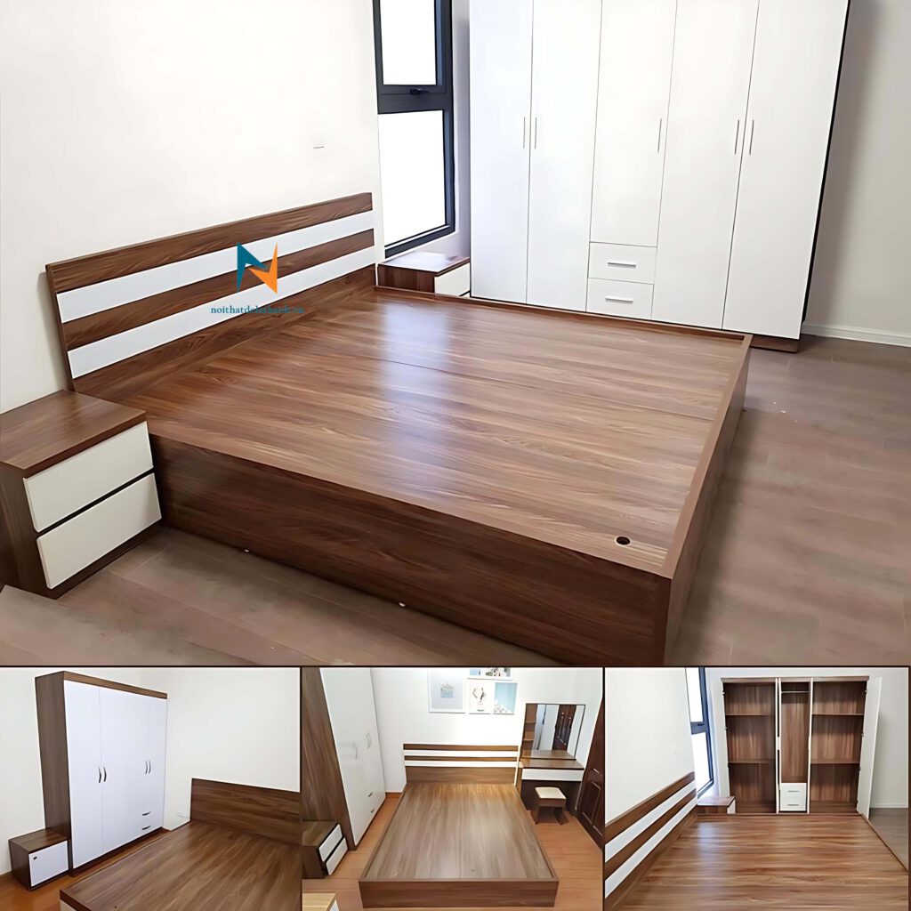 Ảnh thực tế bộ combo giường tủ giá rẻ màu óc chó pha màu trắng phong cách hiện đại