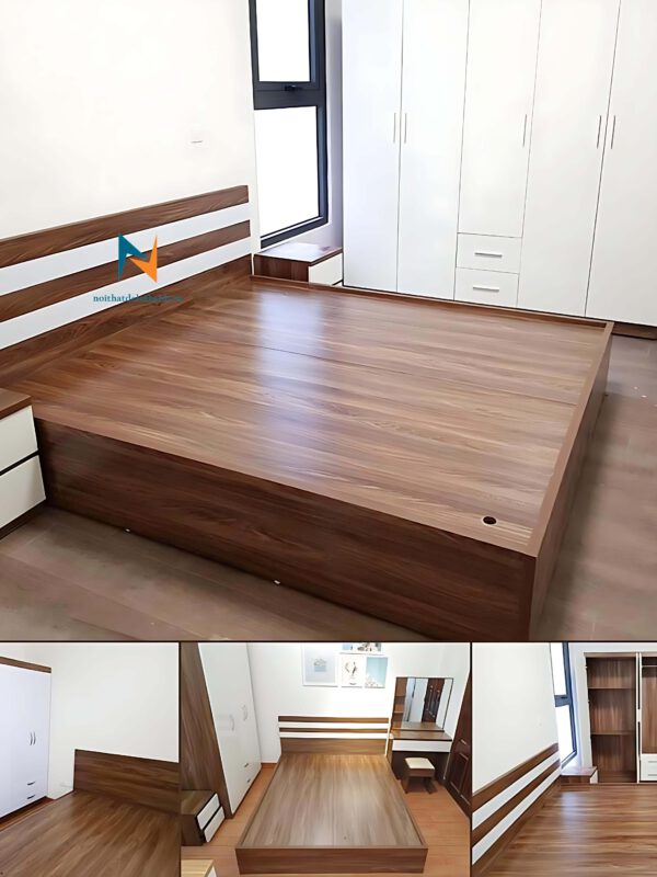 Ảnh thực tế bộ combo giường tủ giá rẻ màu óc chó pha màu trắng phong cách hiện đại