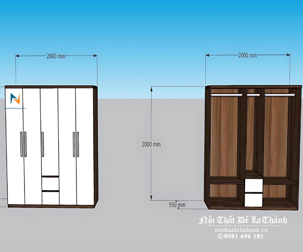 Thiết kế chiếc tủ 2mx2m màu óc chó 6089, cánh màu trắng,