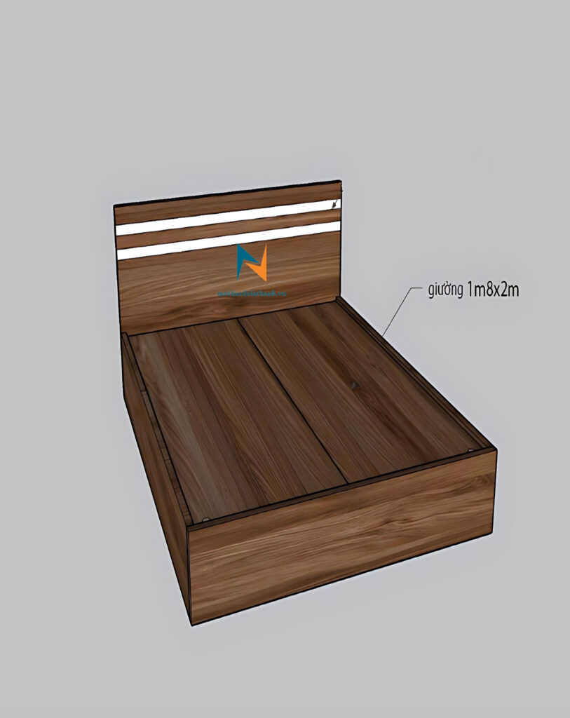 Thiết kế giường 1m8x2m màu óc chó, đầu có 2 kẻ trắng