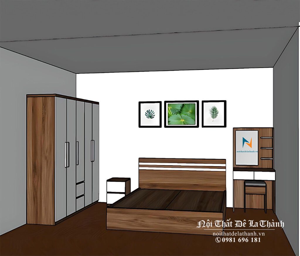 Thiết kế giường tủ giá rẻ màu óc chó pha màu trắng với tủ 2mx2m, giường 1m8x2m, bàn trang điểm 80cm, táp đầu giường 40cm