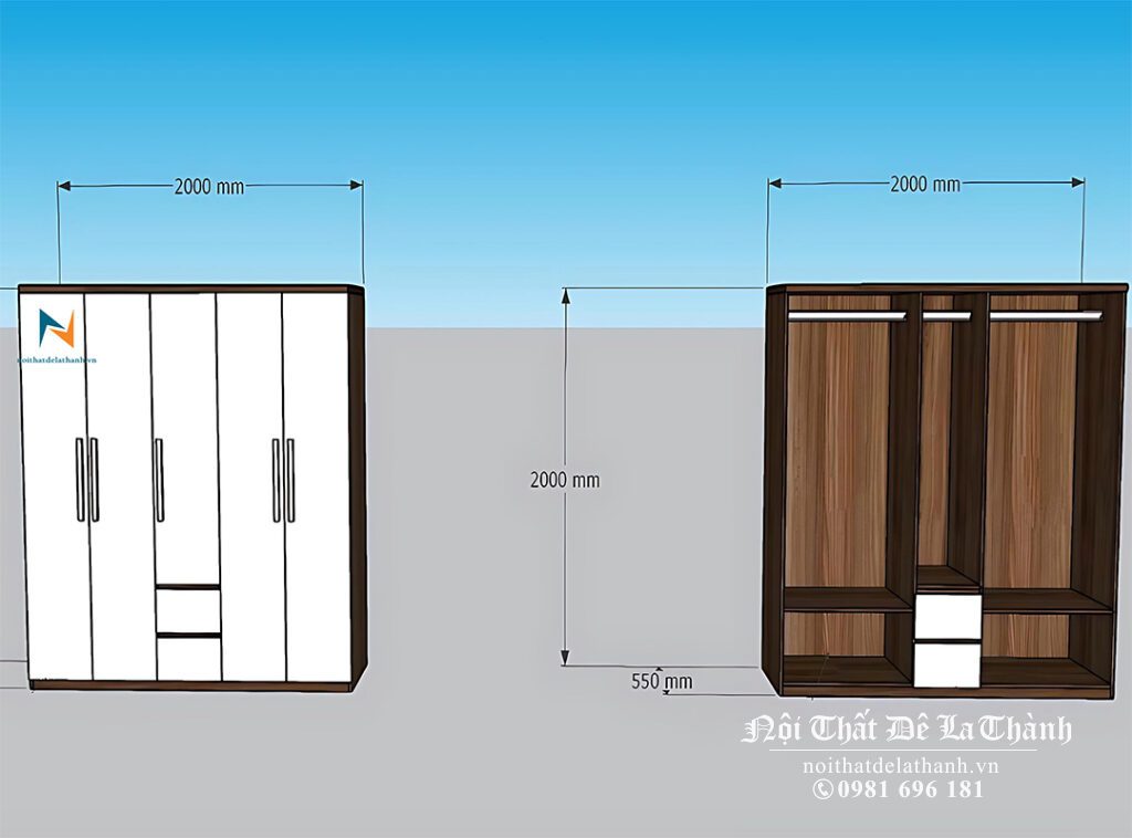 Thiết kế chiếc tủ 2mx2m màu óc chó 6089, cánh màu trắng, phân khúc giá rẻ, gồm 4 cánh dài, 1 cánh cộc, 2 ngăn kéo, 3 buồng