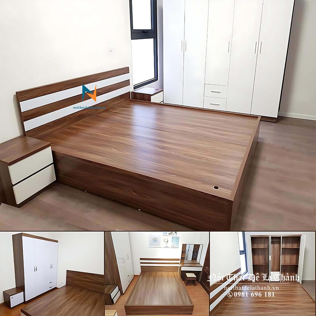 Ảnh thực tế bộ combo giường tủ giá rẻ màu óc chó pha màu trắng phong cách hiện đại