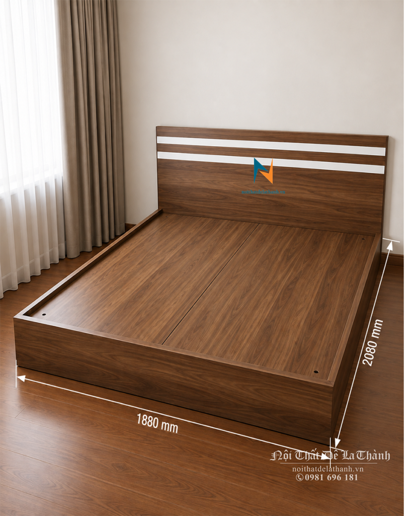 Thiết kế giường 1m8x2m màu óc chó, đầu có 2 kẻ trắng