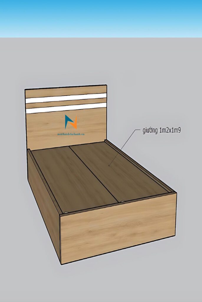Bản thiết kế chiếc giường giá rẻ 1m2x1m9, màu 388, đầu giường có 2 kẻ trắng