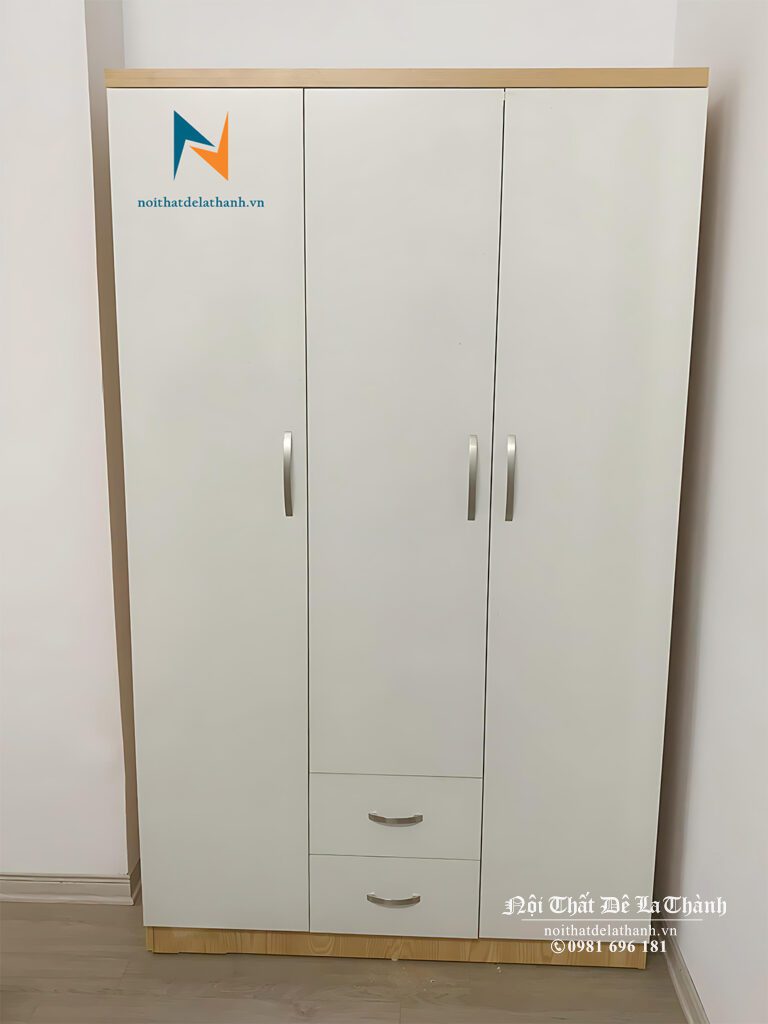 Ảnh chiếc tủ giá rẻ 1m2x2m, có 2 cánh dài, 1 cánh cộc, 2 buồng, 2 ngăn kéo