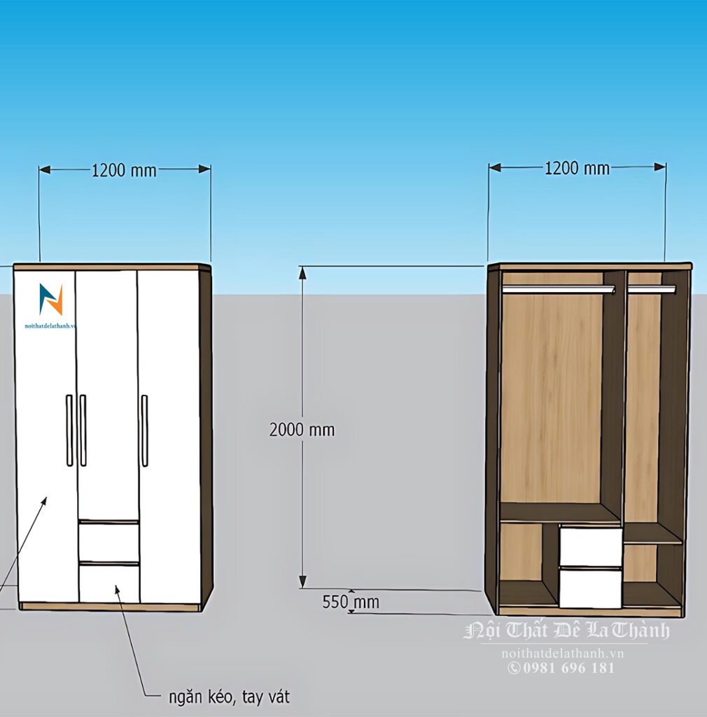 Chiếc tủ giá rẻ 1m2x2m, có 2 cánh dài và 1 cánh cộc, 2 ngăn kéo, tủ có 2 buồng