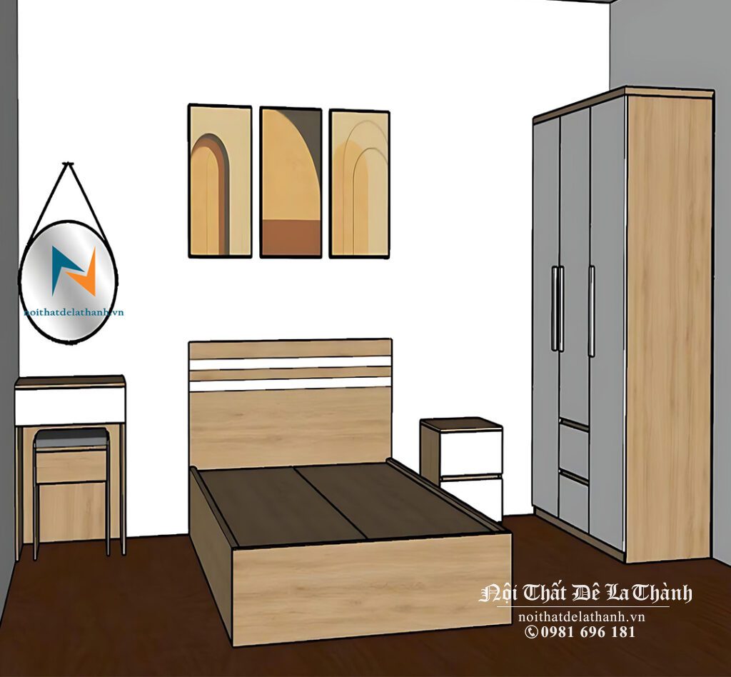 Bộ combo giường tủ bàn trang điểm giá rẻ gồm tủ 1m2x2m, giường 1m2x1m9, táp 40cm, bàn phấn treo 60cm, màu 388 pha màu trắng, phong cách hiện đại