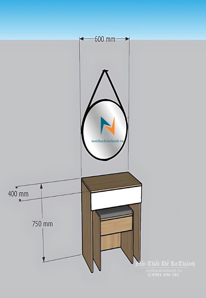 Bàn trang điểm gương treo giá rẻ 60cm, ngăn kéo màu trắng, có đôn đi kèm