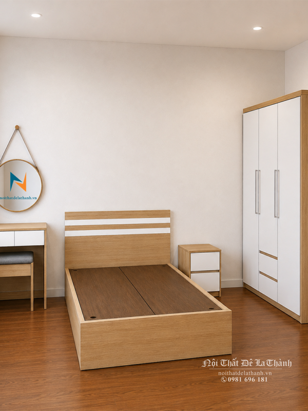 Bộ combo giường tủ bàn trang điểm giá rẻ gồm tủ 1m2x2m, giường 1m2x1m9, táp 40cm, bàn phấn treo 60cm, màu 388 pha màu trắng, phong cách hiện đại