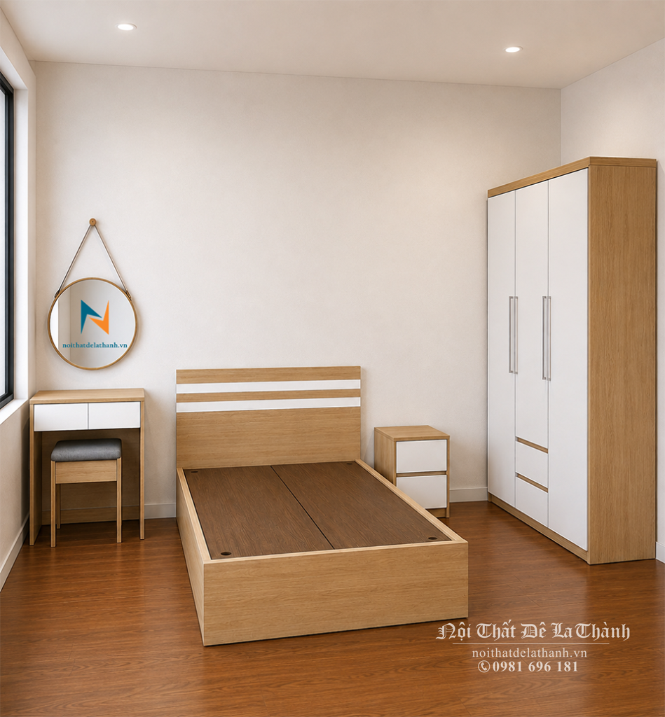 Bộ combo giường tủ bàn trang điểm giá rẻ gồm tủ 1m2x2m, giường 1m2x1m9, táp 40cm, bàn phấn treo 60cm, màu 388 pha màu trắng, phong cách hiện đại