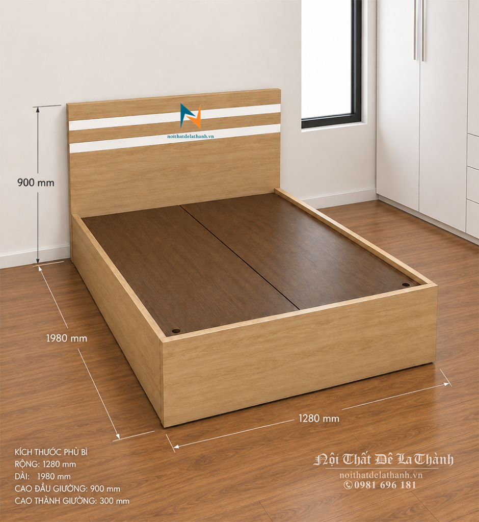 Bản thiết kế chiếc giường giá rẻ 1m2x1m9, màu 388, đầu giường có 2 kẻ trắng
