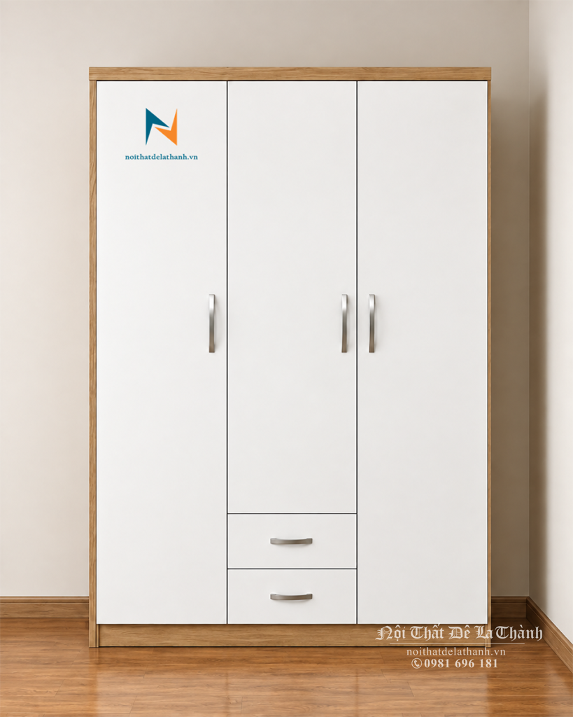 Ảnh chiếc tủ giá rẻ 1m2x2m, có 2 cánh dài, 1 cánh cộc, 2 buồng, 2 ngăn kéo