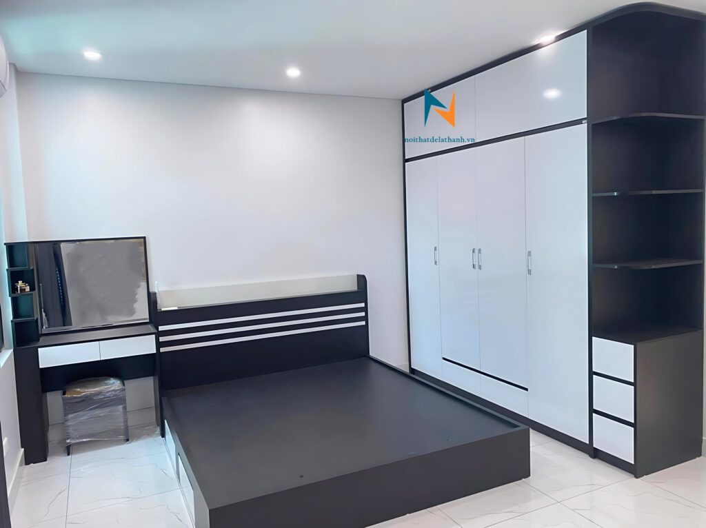Bộ giường tủ phòng ngủ giá rẻ chất liệu gỗ mdf, gồm giường ngủ 1m8, bàn trang điểm 80cm, tủ quần áo 2 tầng 2mx2m45, phối 2 màu đen trắng rất nổi bật