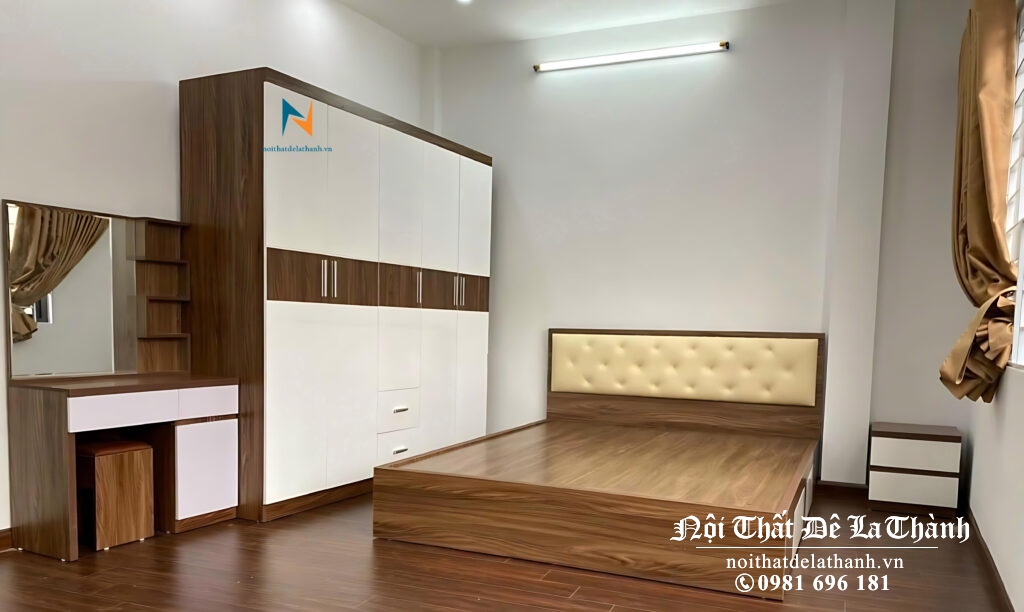 Combo giường tủ giá rẻ màu óc chó với giường đầu bọc nệm
