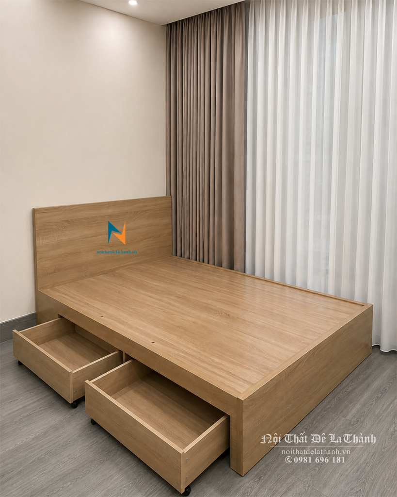Chiếc giường 1m4x2m phân khúc giá rẻ, màu vàng nhạt với mã màu 388, vai trái có 2 ngăn kéo, thiết kế theo phong cách hiện đại