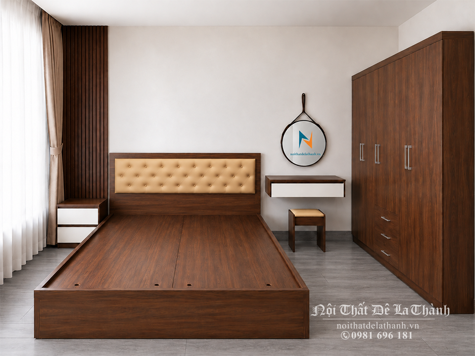 Bộ combo giường tủ đẹp phân khúc giá rẻ gồm giường 1m6, tủ 2mx2m, bàn trang điểm 60cm, táp 40cm