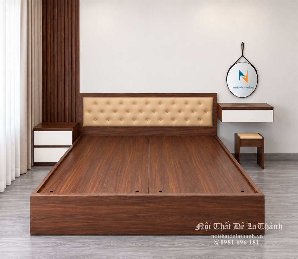 Bộ giường tủ đẹp giá rẻ màu óc chó 6089, gồm tủ 2mx2m, giường 1m6x2m đầu bọc nệm, bàn phấn gương treo 60cm, táp 40cm