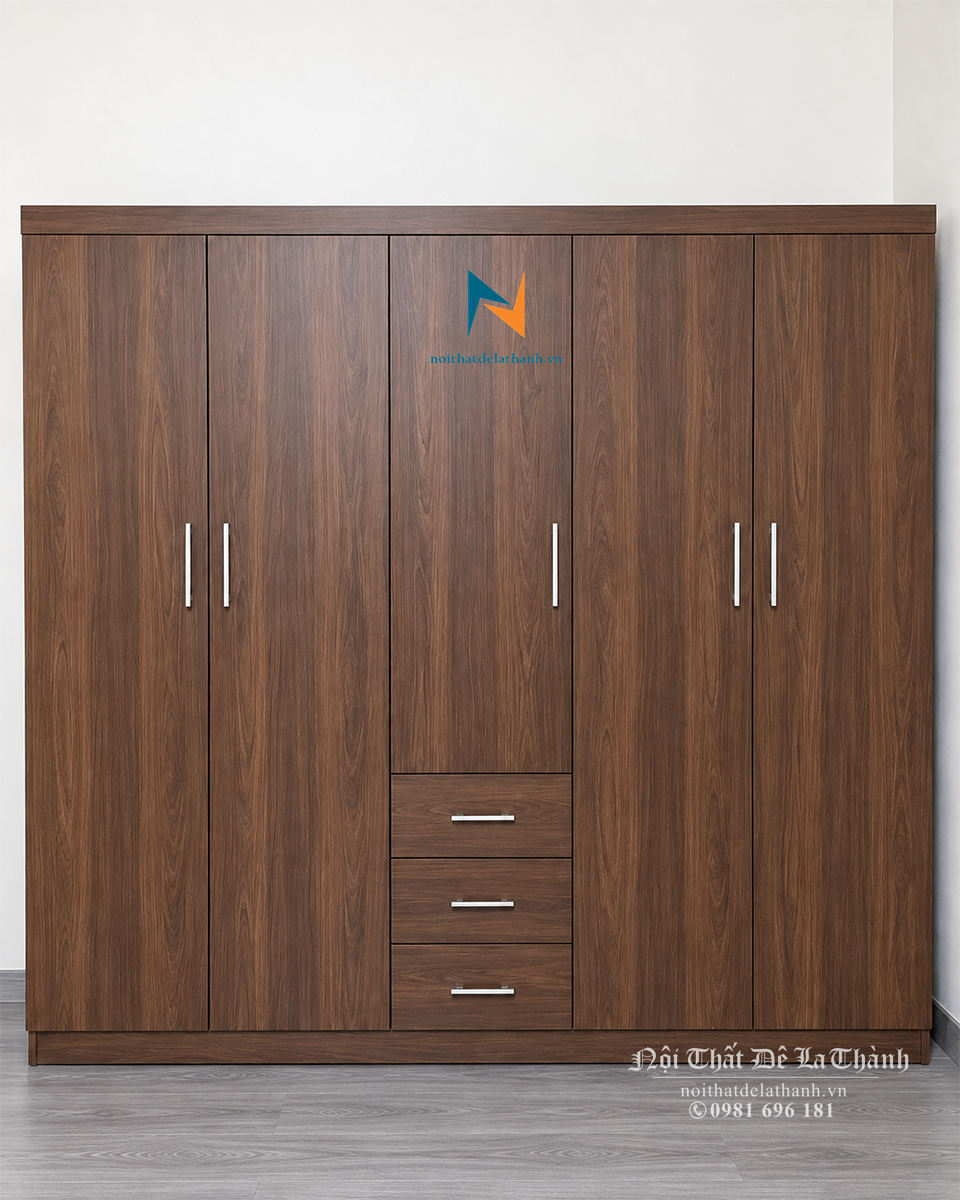Ảnh chiếc tủ màu óc chó 6089 giá rẻ với 3 buồng, 5 cánh và 2 ngăn kéo