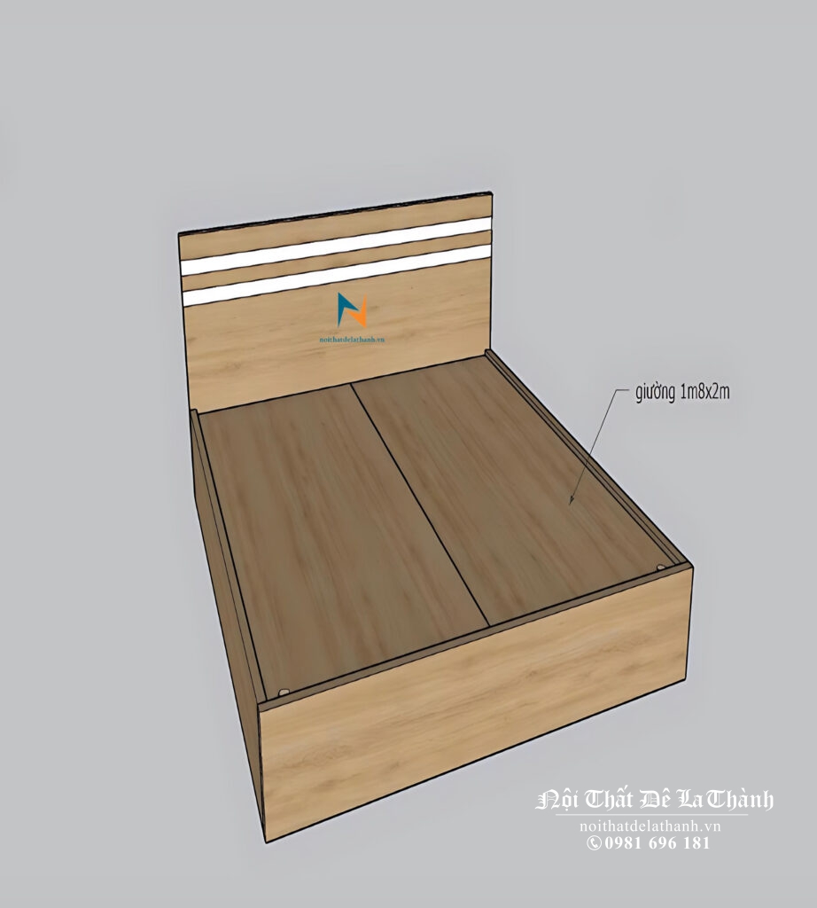 Thiết kế giường ngủ giá rẻ 1m8x2m, màu 388, đầu giường có 2 kẻ trắng
