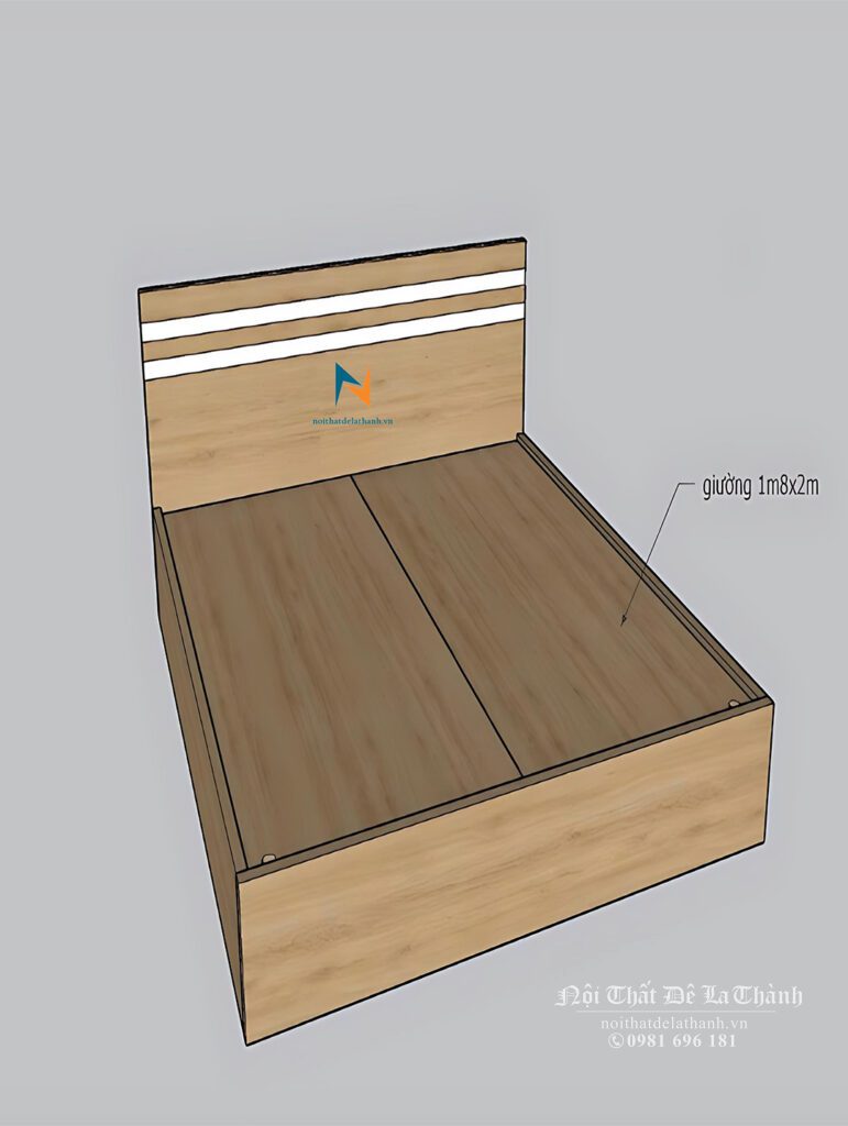Thiết kế giường ngủ giá rẻ 1m8x2m, màu 388, đầu giường có 2 kẻ trắng