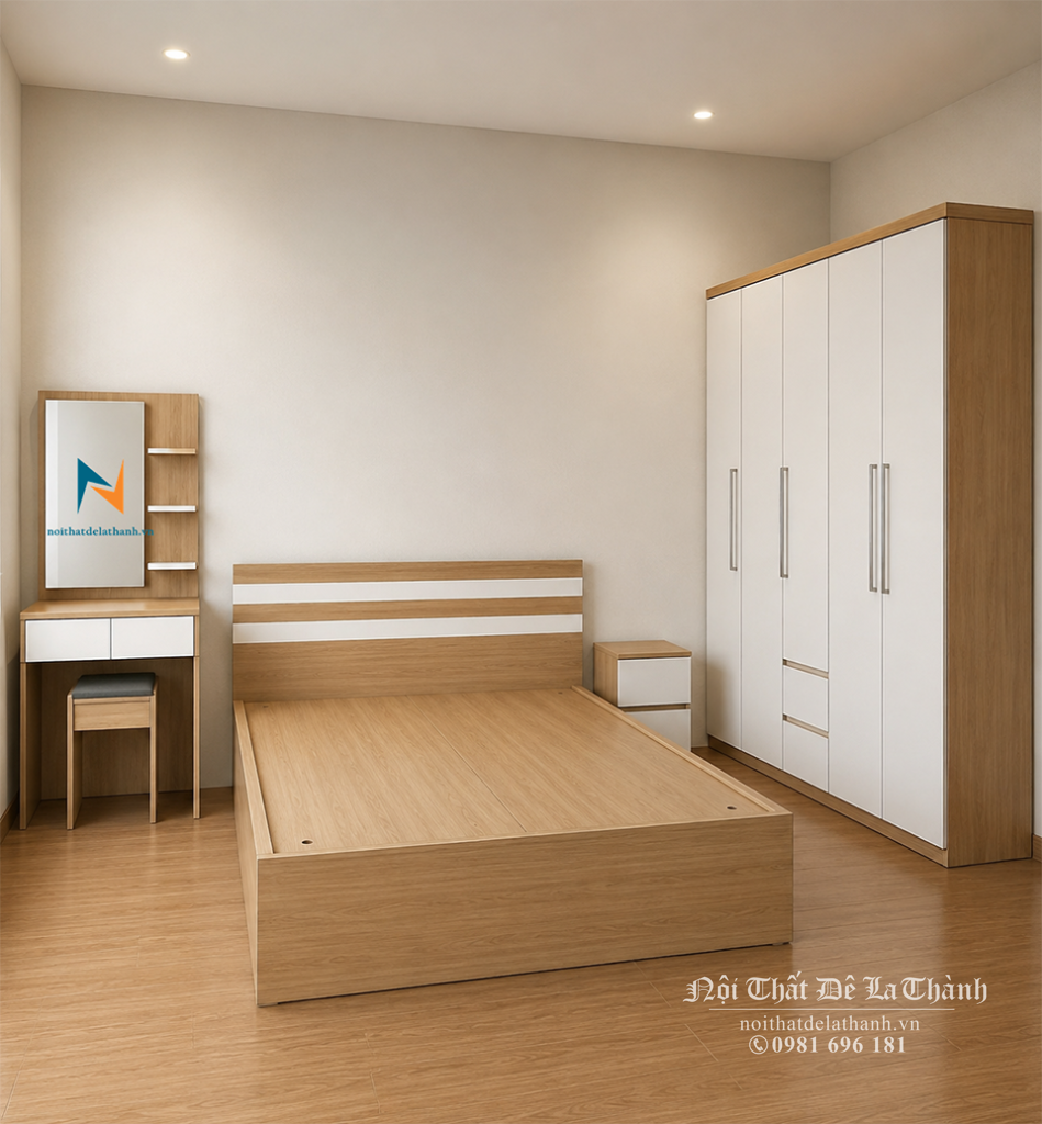 Bộ giường tủ gỗ ép giá rẻ gồm có giường 1m8x2m, tủ 2mx2m, táp 40cm, bàn trang điểm 80cm, màu 388 pha màu trắng