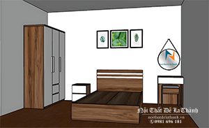 Bản vẽ thiết kế bộ giường tủ gỗ ép giá rẻ, màu óc chó pha cánh màu trắng