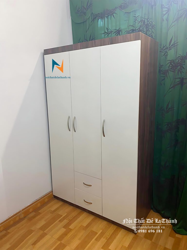 Ảnh tủ giá rẻ 1m2x2m, phong cách hiện đại, màu óc chó 6089 pha cánh màu trắng, có 2 buồng, 2 cánh dài 1 cánh cộc, 2 ngăn kéo