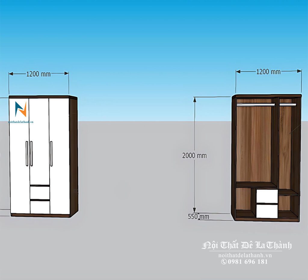 Bản thiết kế chiếc tủ 1m2x1m9, màu óc chó 6089, cánh màu trắng, gồm 2 buồng, 3 cánh, 2 ngăn kéo
