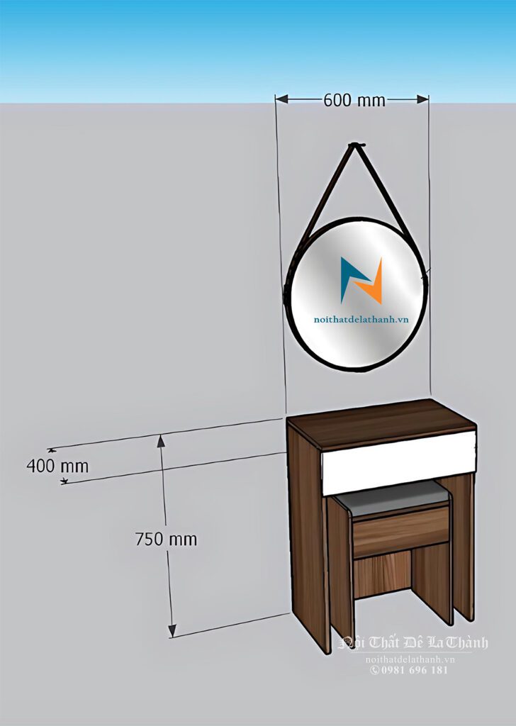 Bản vẽ thiết kế chiếc bàn trang điểm rộng 60cm, gương treo, màu 6089, mặt ngăn kéo màu trắng