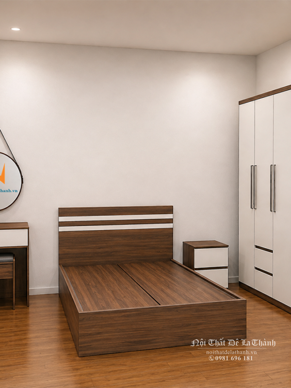 Bộ giường tủ gỗ ép phân khúc giá rẻ phong cách hiện đại, màu óc chó 6089 pha màu trắng, gồm giường 1m2x1m9, tủ 1m2x2m, táp 40cm, bàn phấn gương treo 60cm