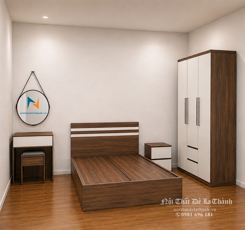 Bộ giường tủ gỗ ép phân khúc giá rẻ phong cách hiện đại, màu óc chó 6089 pha màu trắng, gồm giường 1m2x1m9, tủ 1m2x2m, táp 40cm, bàn phấn gương treo 60cm