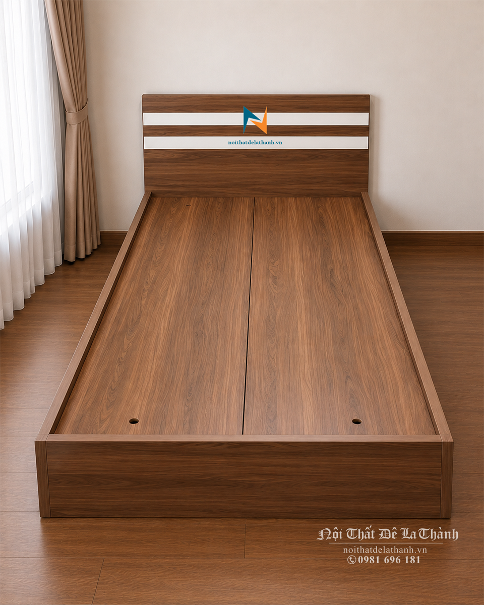 Ảnh chiếc giường giá rẻ màu óc chó 1m2x1m9, đầu có 2 kẻ trắng