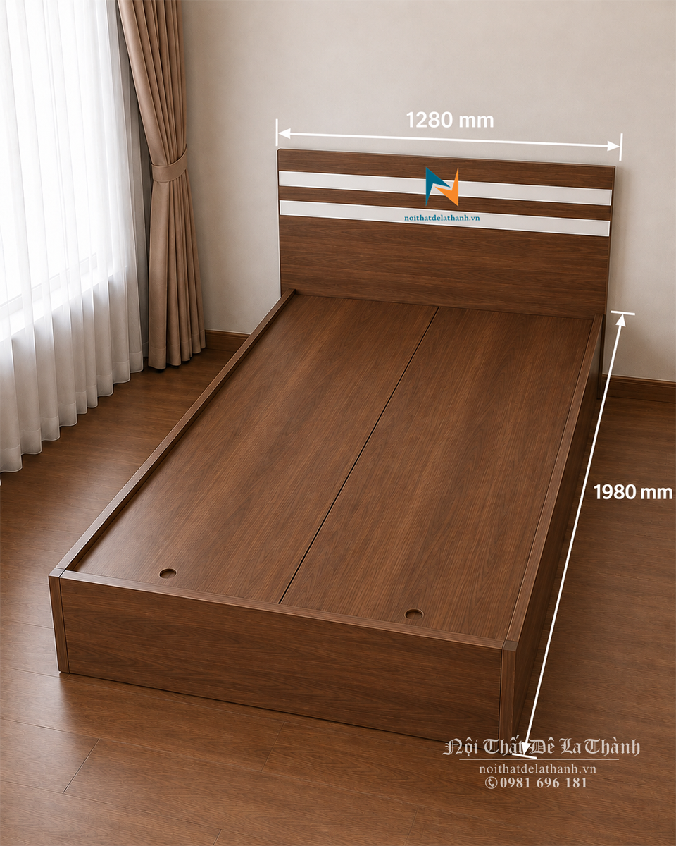 Thiết kế giường giá rẻ 1m2x1m9, màu 6089, đầu giường có 2 kẻ trắng