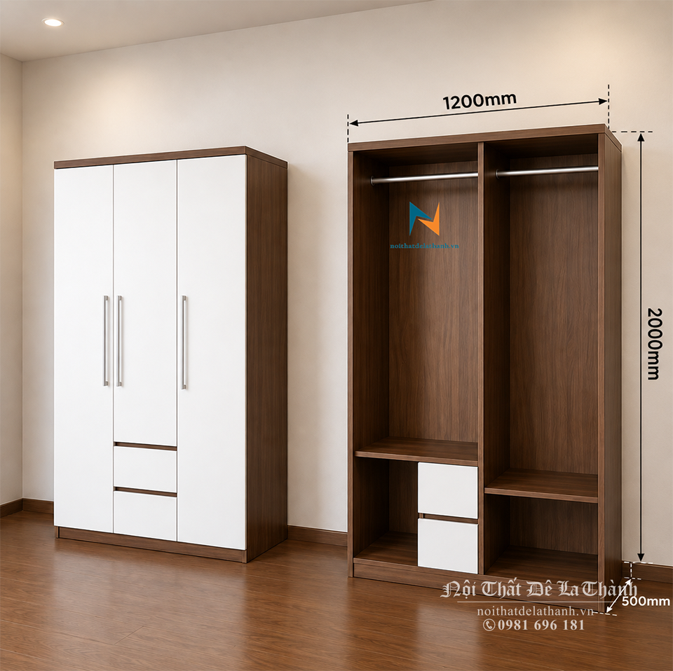 Bản thiết kế chiếc tủ 1m2x1m9, màu óc chó 6089, cánh màu trắng, gồm 2 buồng, 3 cánh, 2 ngăn kéo