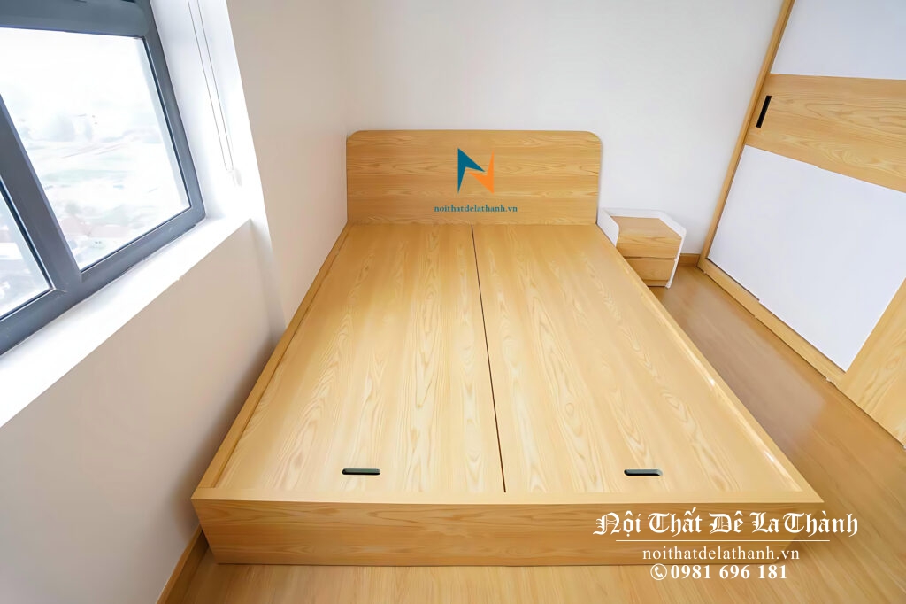 Chiếc giường gỗ mdf phân khúc giá rẻ, màu sồi, kích thước 1m2x1m9, phong cách hiện đại